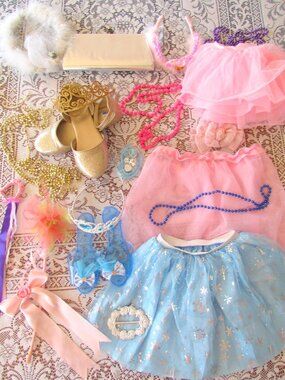 GIRL'S DRESS-UP ACCESSORIES for PLAY, TUTUS, GOLDEN SHOES, TIARAS, NECKLACES